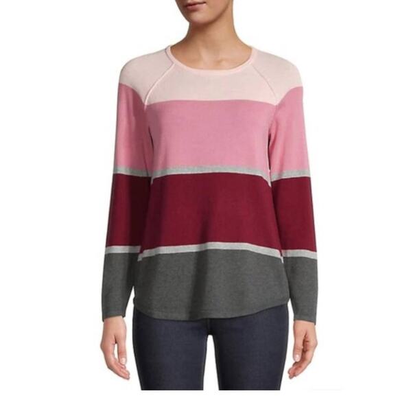 Karen Scott Womens Striped Color Block Long Sleeve Sweater Medium NEW Pinks Gray - Picture 1 of 10